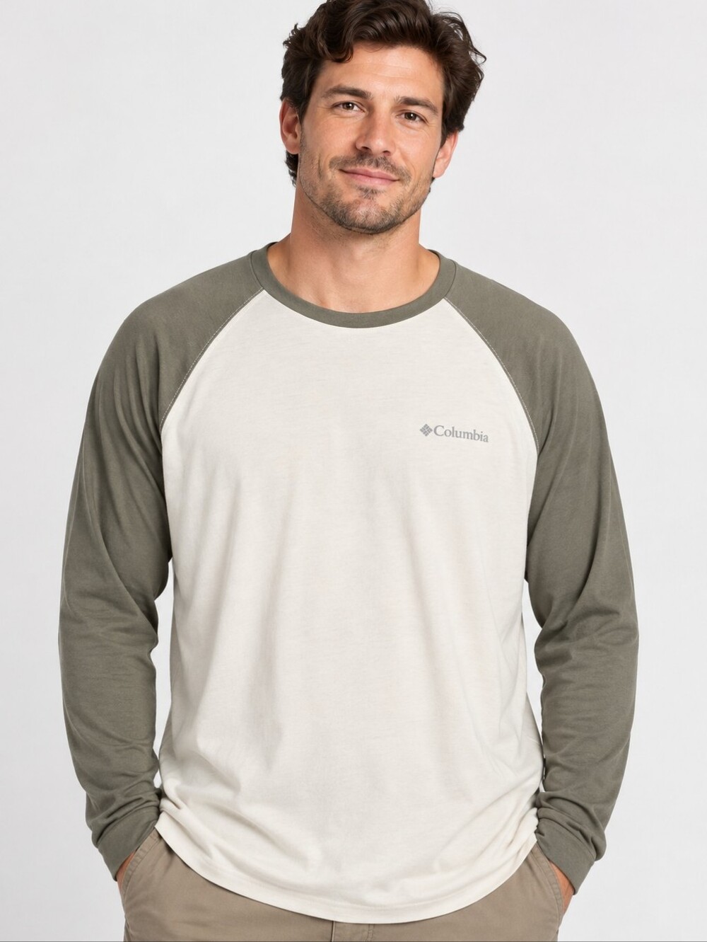 Columbia Men's Two-Tone Raglan Long-Sleeve Shirt - Olive/Off-White